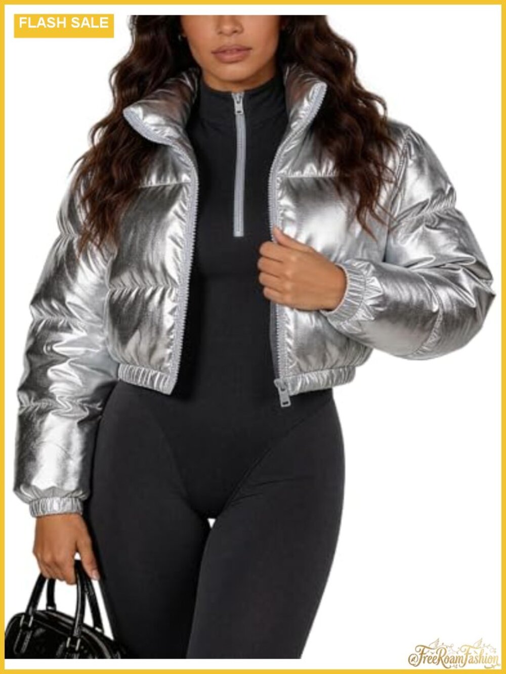 Flygo Women's Cropped Puffer Jacket Zip Up Metallic Shiny Quilted Winter Coat
